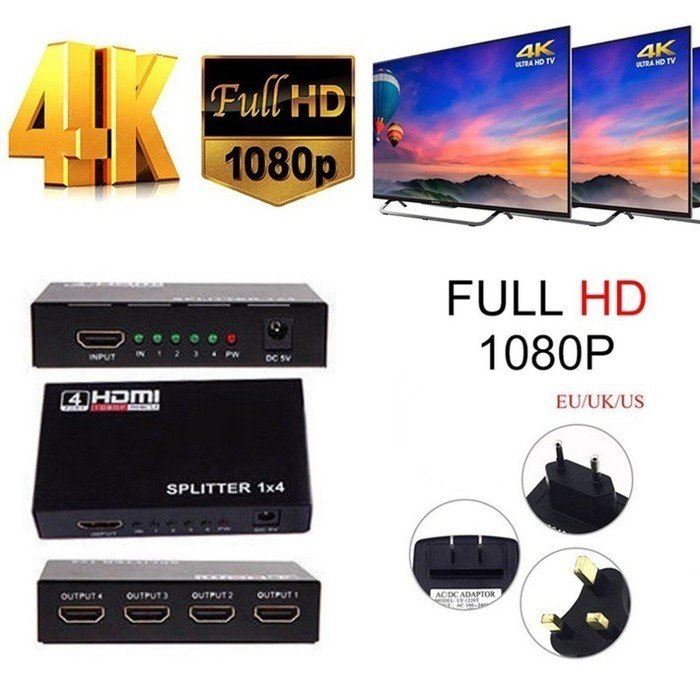 HDMI SPLITTER Output Port 1x4 HUB HD 4K 1080P 3D Amplifier HDTV