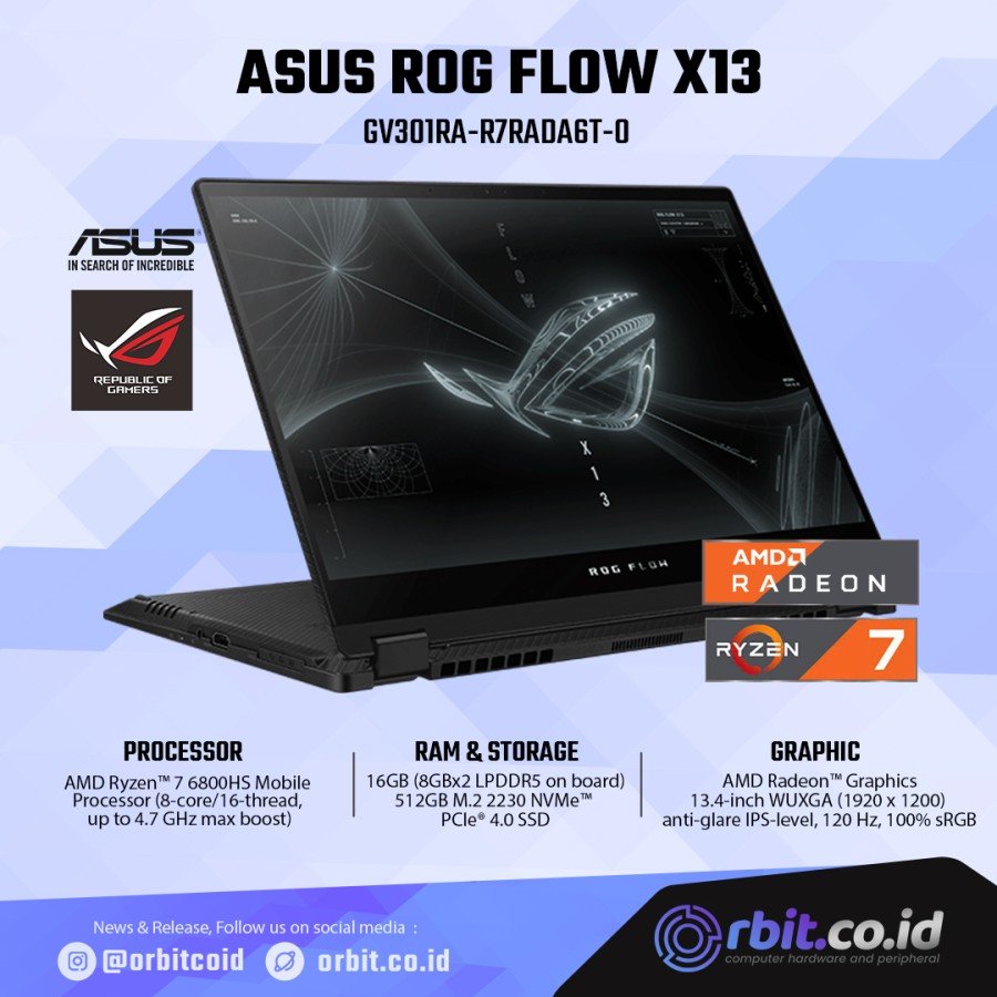 Asus ROG Flow X13 GV301RA-R7RADA6T-O Ryzen 7-6800HS 16GB 512GB WIN11