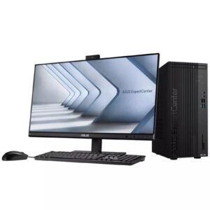ASUS desktop computer with monitor, keyboard, and mouse on a desk.