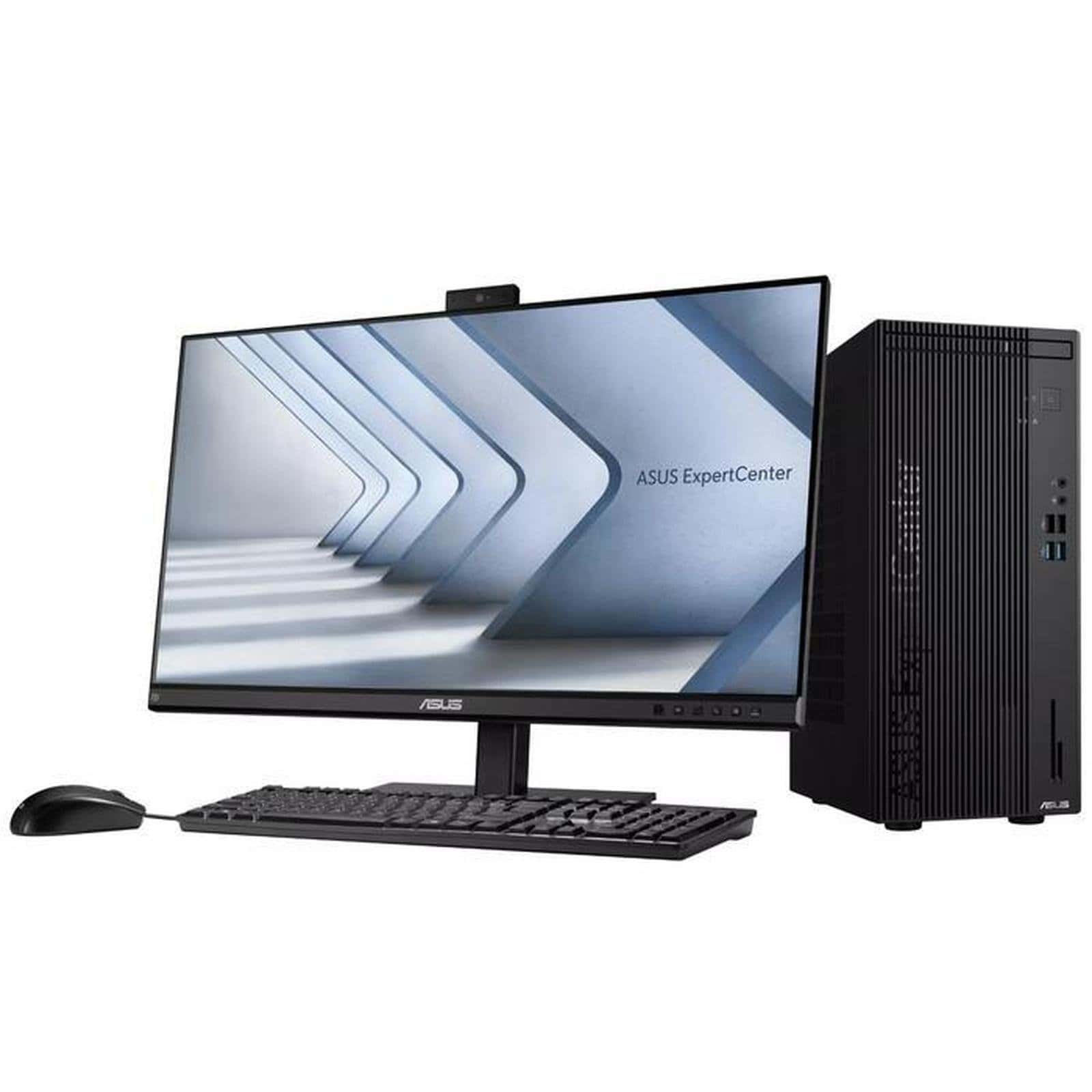 ASUS desktop computer with monitor, keyboard, and mouse on a desk.