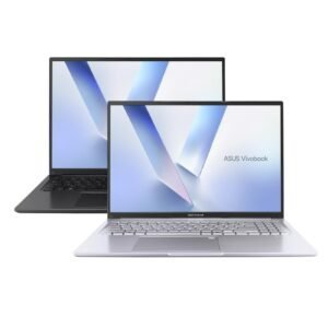 Two ASUS Vivobook 14 laptops with sleek design and vibrant screens.