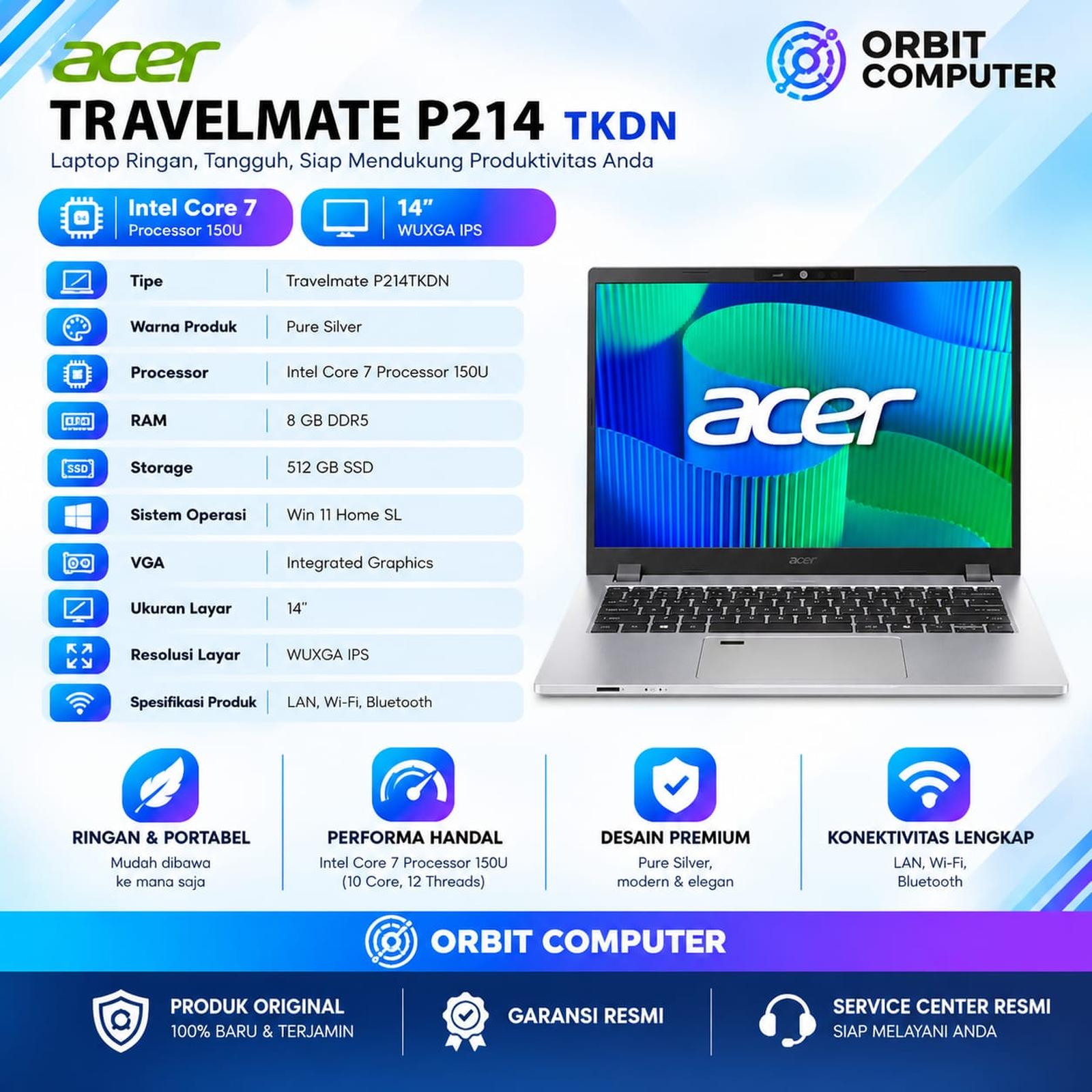 Laptop TKDN Acer TravelMate P214 Core 7 150U 8GB DDR5 512GB SSD 14"