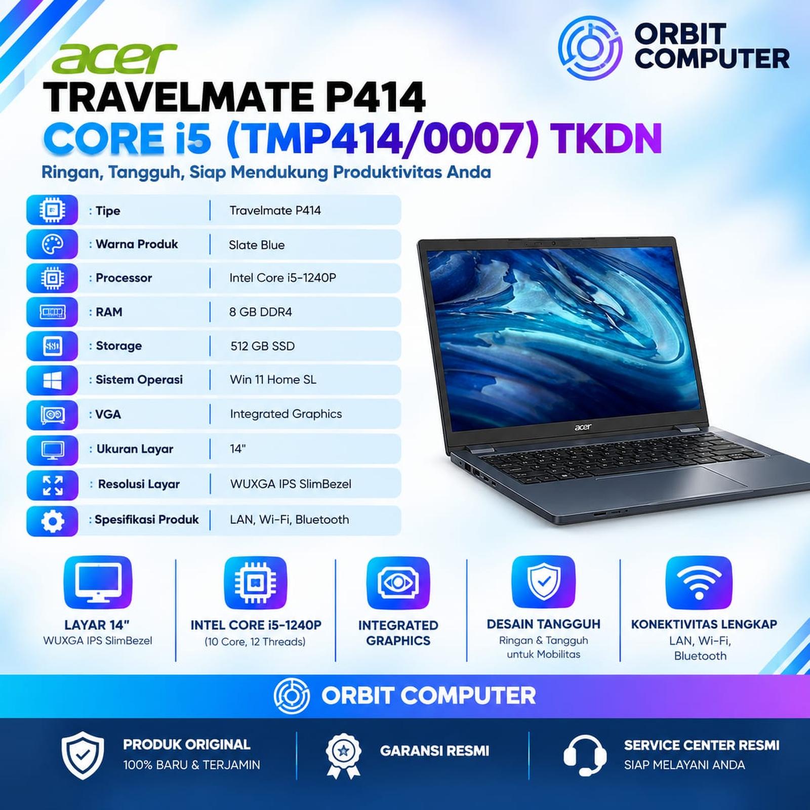 Laptop TKDN Acer TravelMate P414 TMP414/0007 Core i5-1240P 8GB 512GB