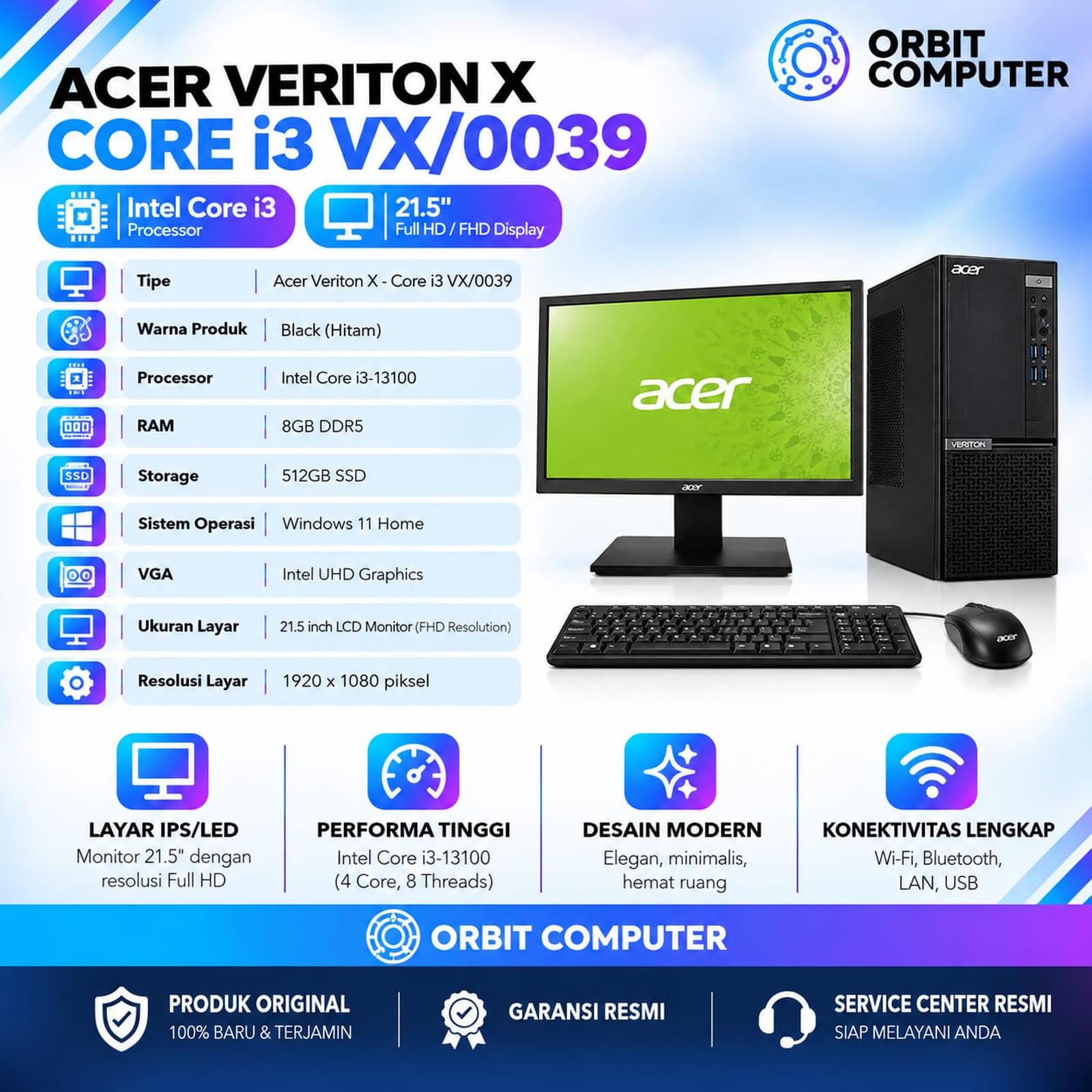 PC Acer Veriton X VX/0039 Core i3-13100 8GB DDR5 512GB SSD Monitor
